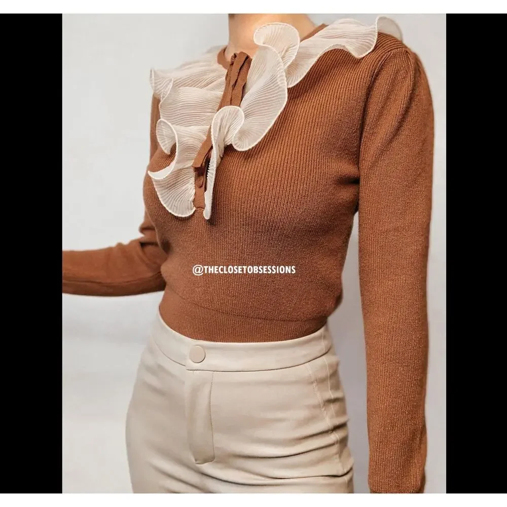 ZARA Knit Top with Ruffle Tie NWT | Brown Long Sleeve Contrast Collar M
